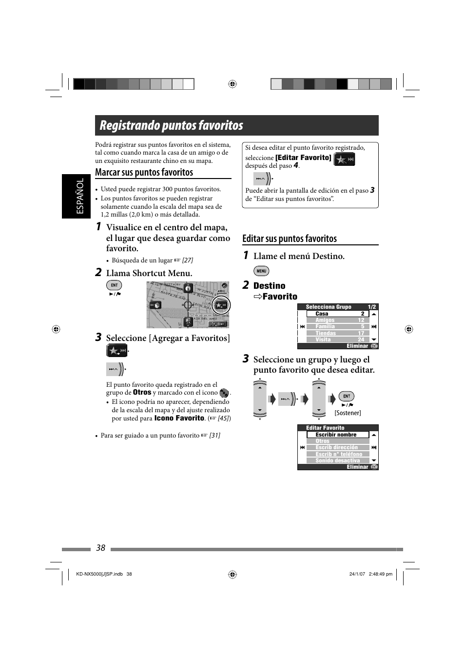 Registrando puntos favoritos, Editar sus puntos favoritos, Marcar sus puntos favoritos | JVC KD-NX5000- User Manual | Page 156 / 357