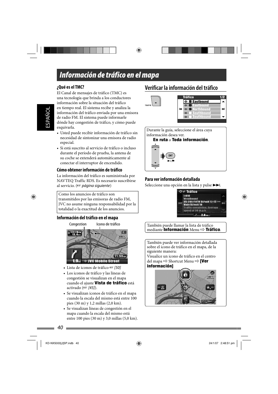 Información de tráfico en el mapa, Verificar la información del tráfico, 40 esp añol | JVC KD-NX5000- User Manual | Page 158 / 357