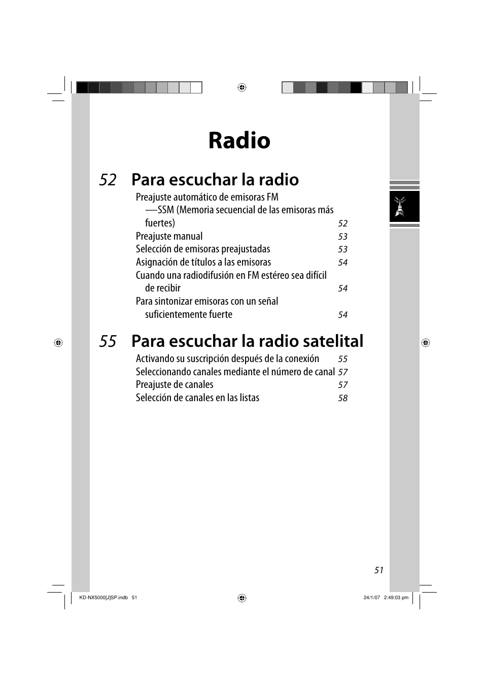 Radio, 52 para escuchar la radio, 55 para escuchar la radio satelital | JVC KD-NX5000- User Manual | Page 169 / 357