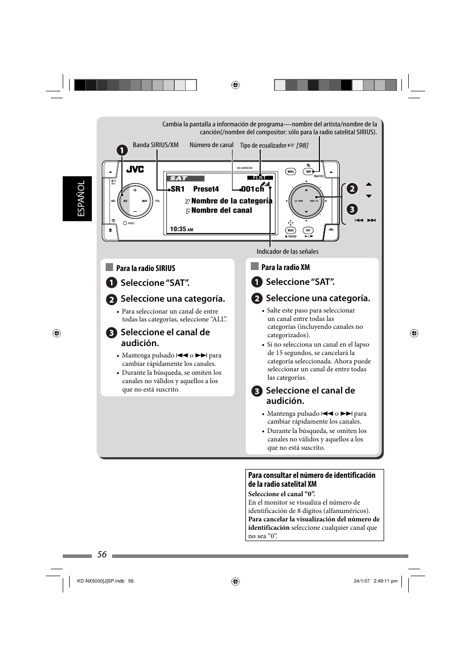 Esp añol 56, Seleccione “sat”. seleccione una categoría, Seleccione el canal de audición | JVC KD-NX5000- User Manual | Page 174 / 357