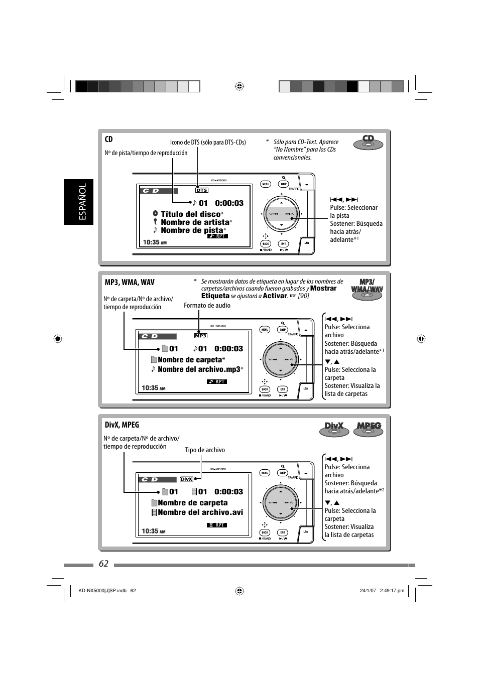 Esp añol 62 | JVC KD-NX5000- User Manual | Page 180 / 357