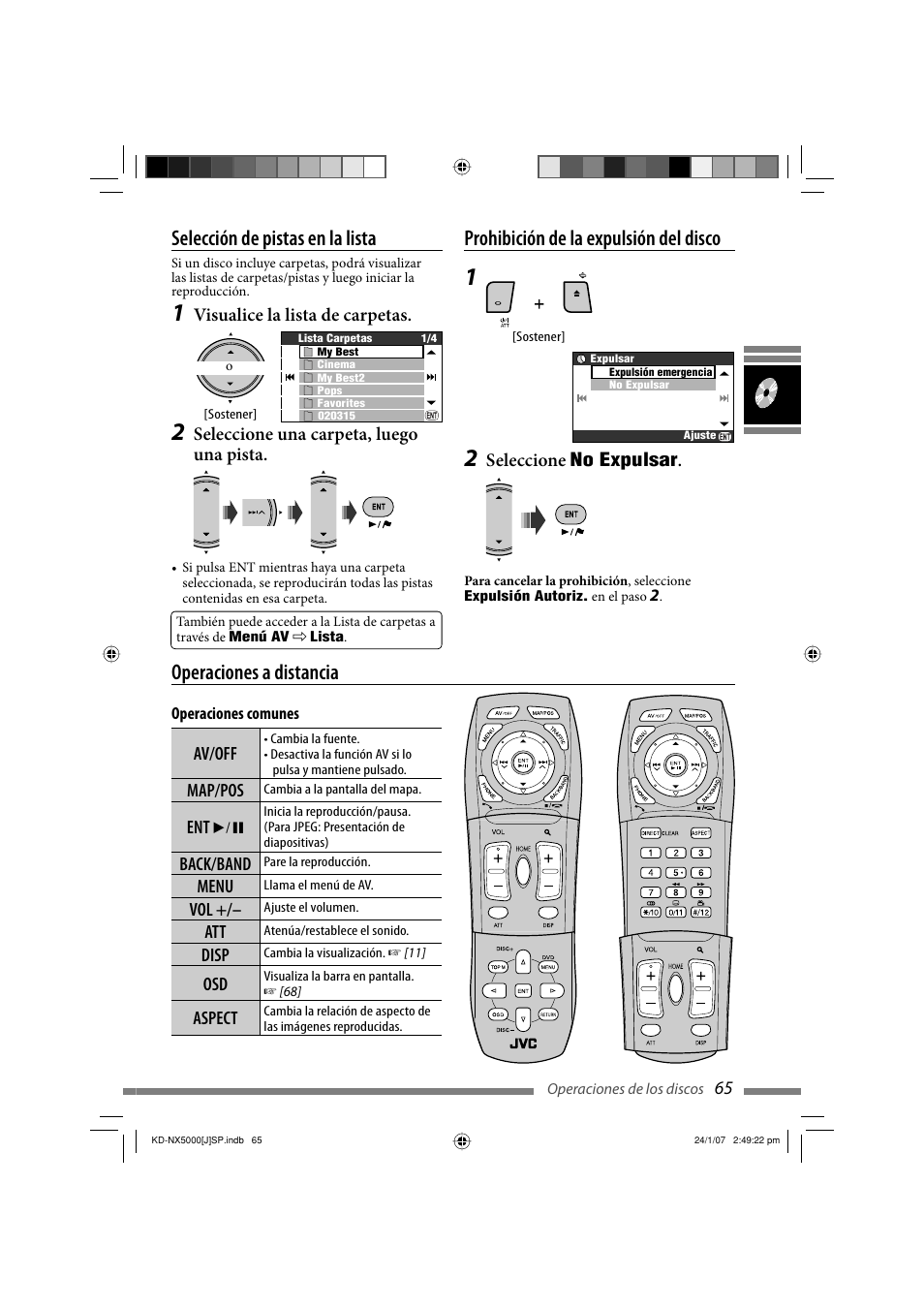 Selección de pistas en la lista, Prohibición de la expulsión del disco, Operaciones a distancia | JVC KD-NX5000- User Manual | Page 183 / 357