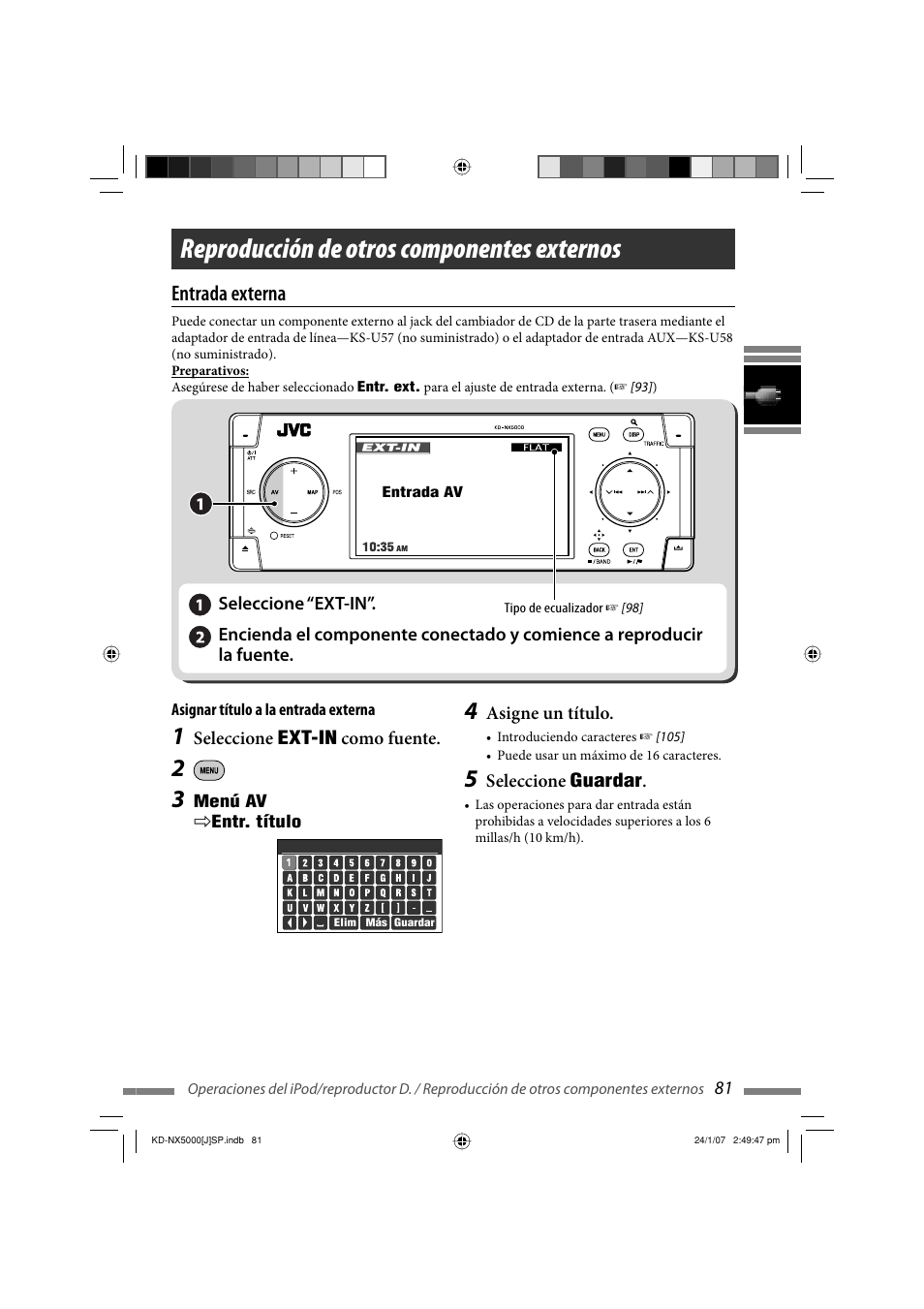 Reproducción de otros componentes externos, Entrada externa | JVC KD-NX5000- User Manual | Page 199 / 357