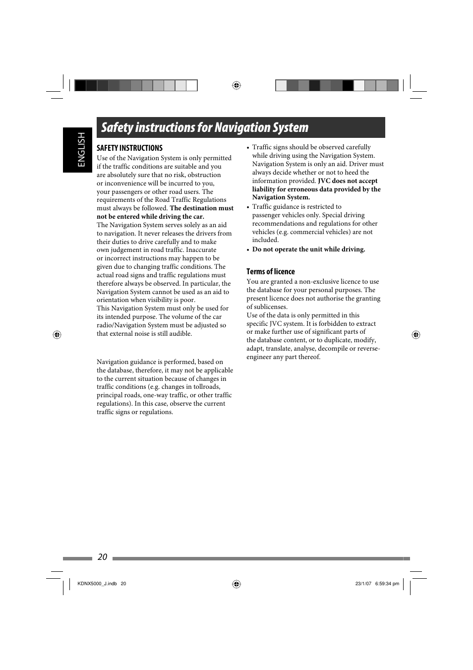 Safety instructions for navigation system, 20 english | JVC KD-NX5000- User Manual | Page 20 / 357