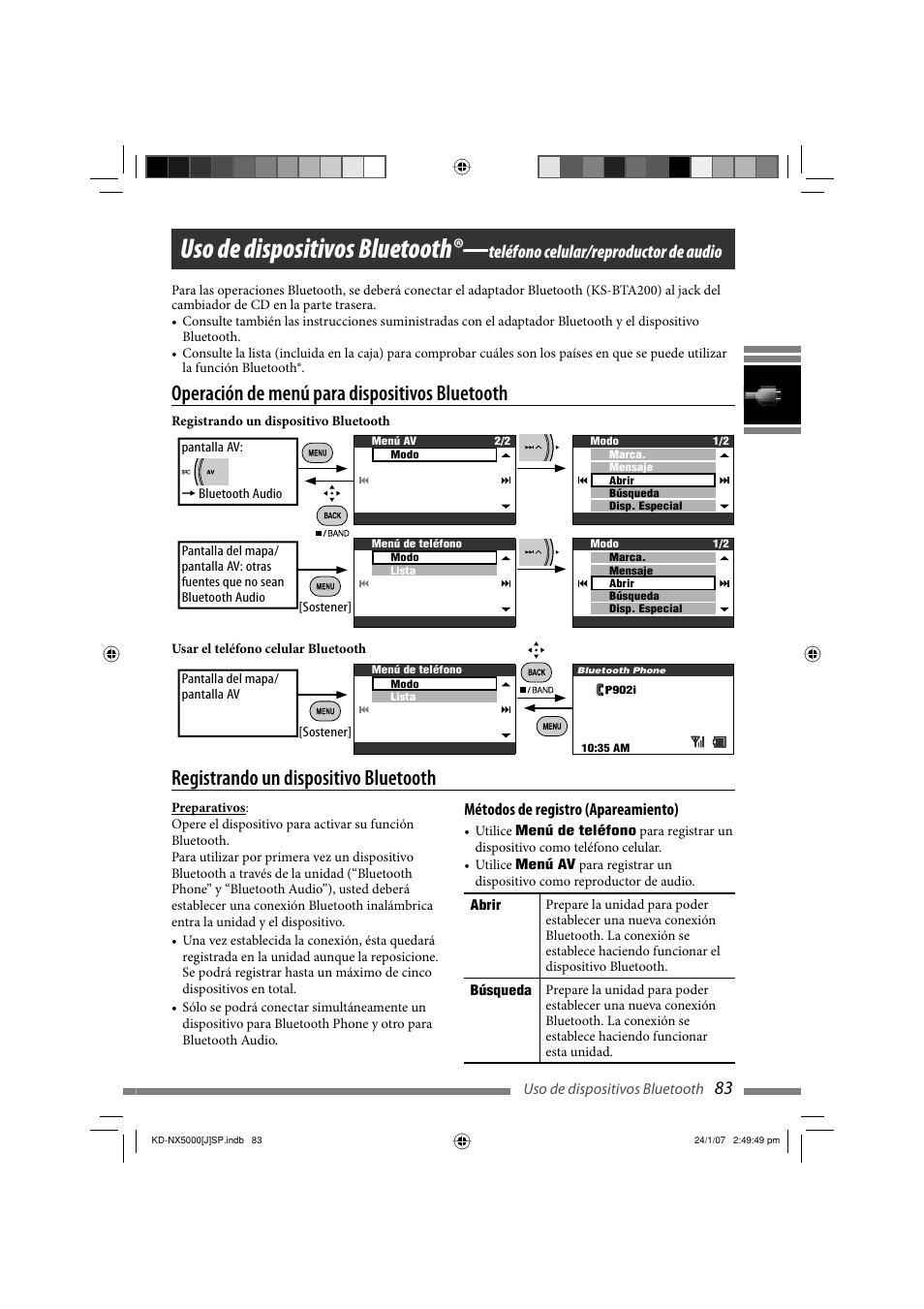 Uso de dispositivos bluetooth, Registrando un dispositivo bluetooth, Operación de menú para dispositivos bluetooth | Teléfono celular/reproductor de audio, Métodos de registro (apareamiento) | JVC KD-NX5000- User Manual | Page 201 / 357