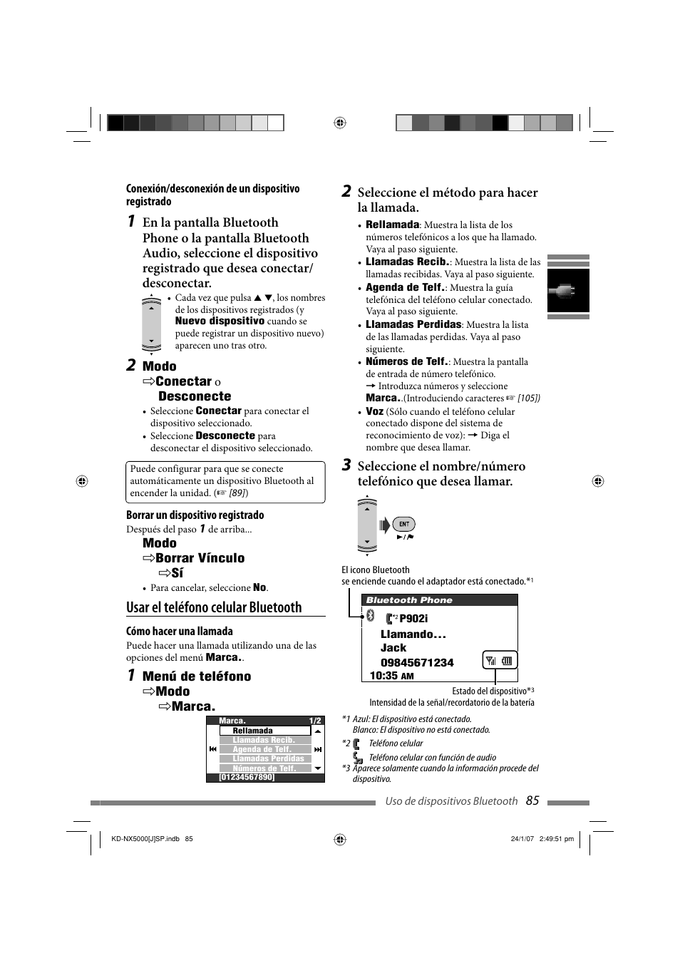 Usar el teléfono celular bluetooth, Seleccione el método para hacer la llamada | JVC KD-NX5000- User Manual | Page 203 / 357