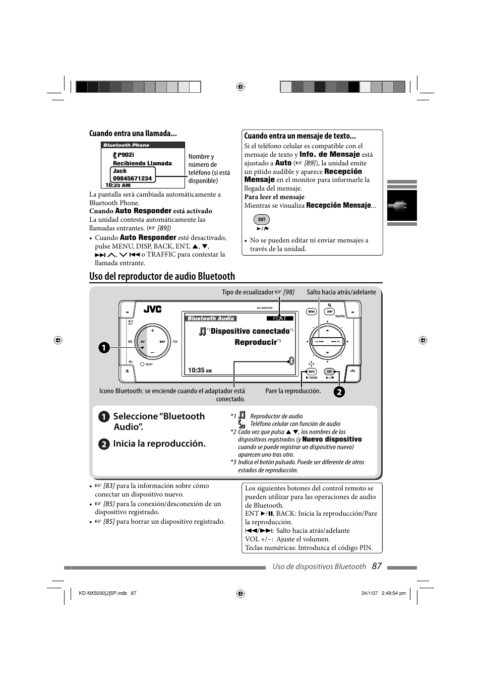 Uso del reproductor de audio bluetooth, Cuando entra una llamada, Cuando entra un mensaje de texto | JVC KD-NX5000- User Manual | Page 205 / 357
