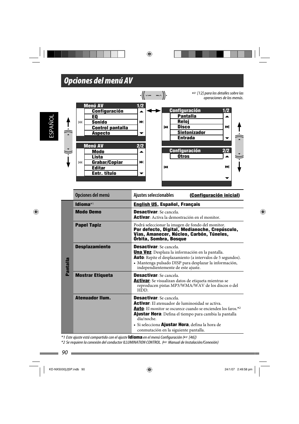 Opciones del menú av, Español 90 | JVC KD-NX5000- User Manual | Page 208 / 357