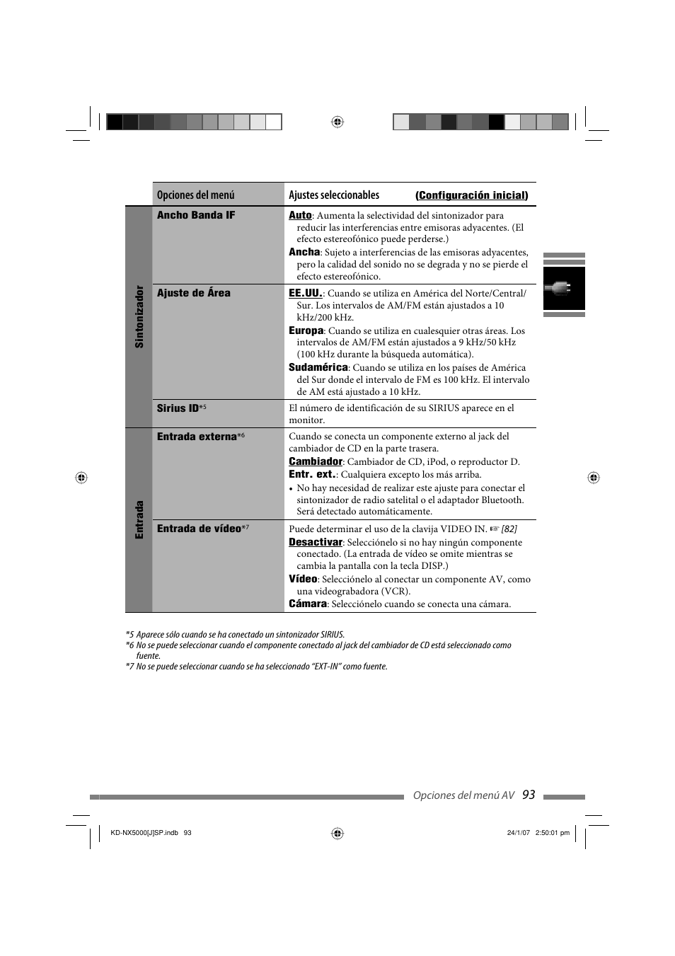 Opciones del menú ajustes seleccionables | JVC KD-NX5000- User Manual | Page 211 / 357