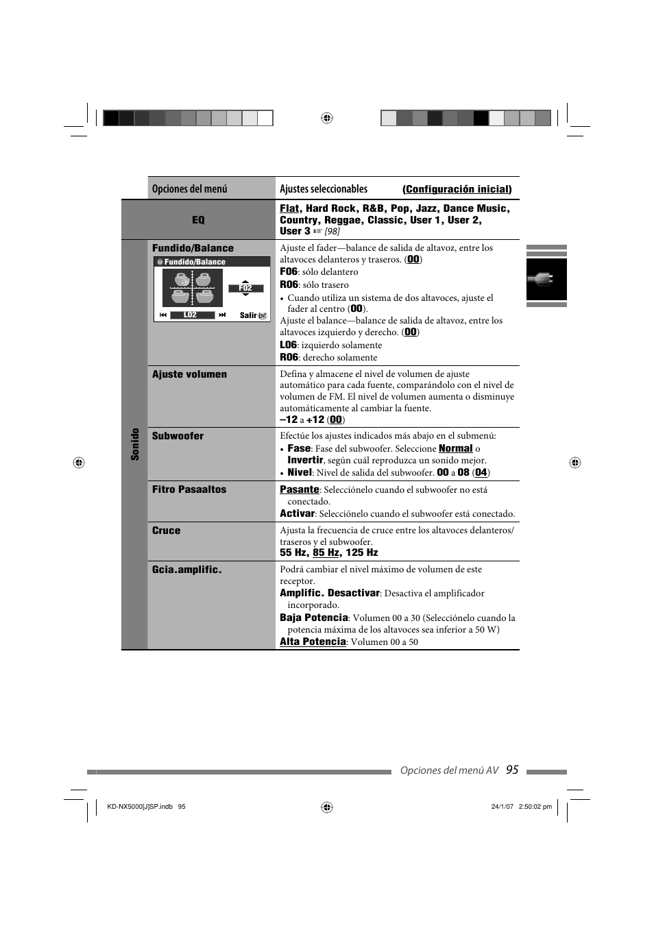 Opciones del menú ajustes seleccionables | JVC KD-NX5000- User Manual | Page 213 / 357