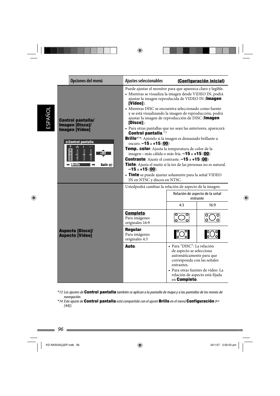Español 96, Opciones del menú ajustes seleccionables | JVC KD-NX5000- User Manual | Page 214 / 357