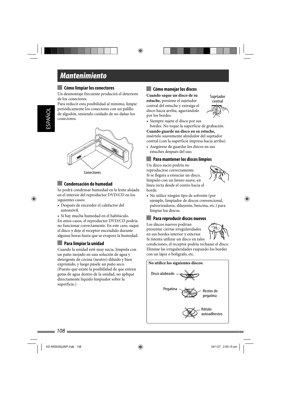 Mantenimiento, Esp añol 108 | JVC KD-NX5000- User Manual | Page 226 / 357