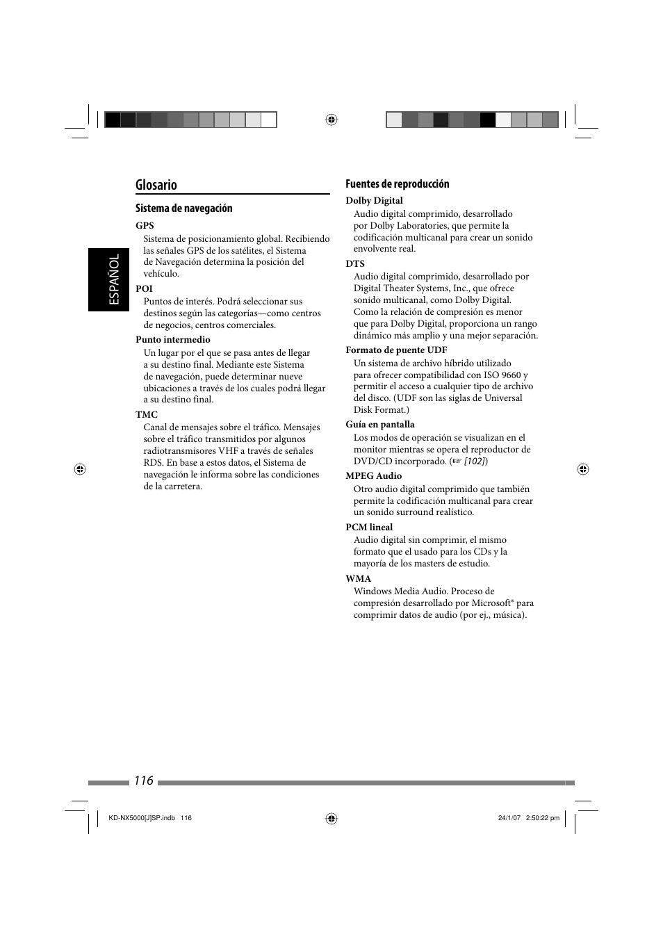 Glosario, Esp añol 116 | JVC KD-NX5000- User Manual | Page 234 / 357