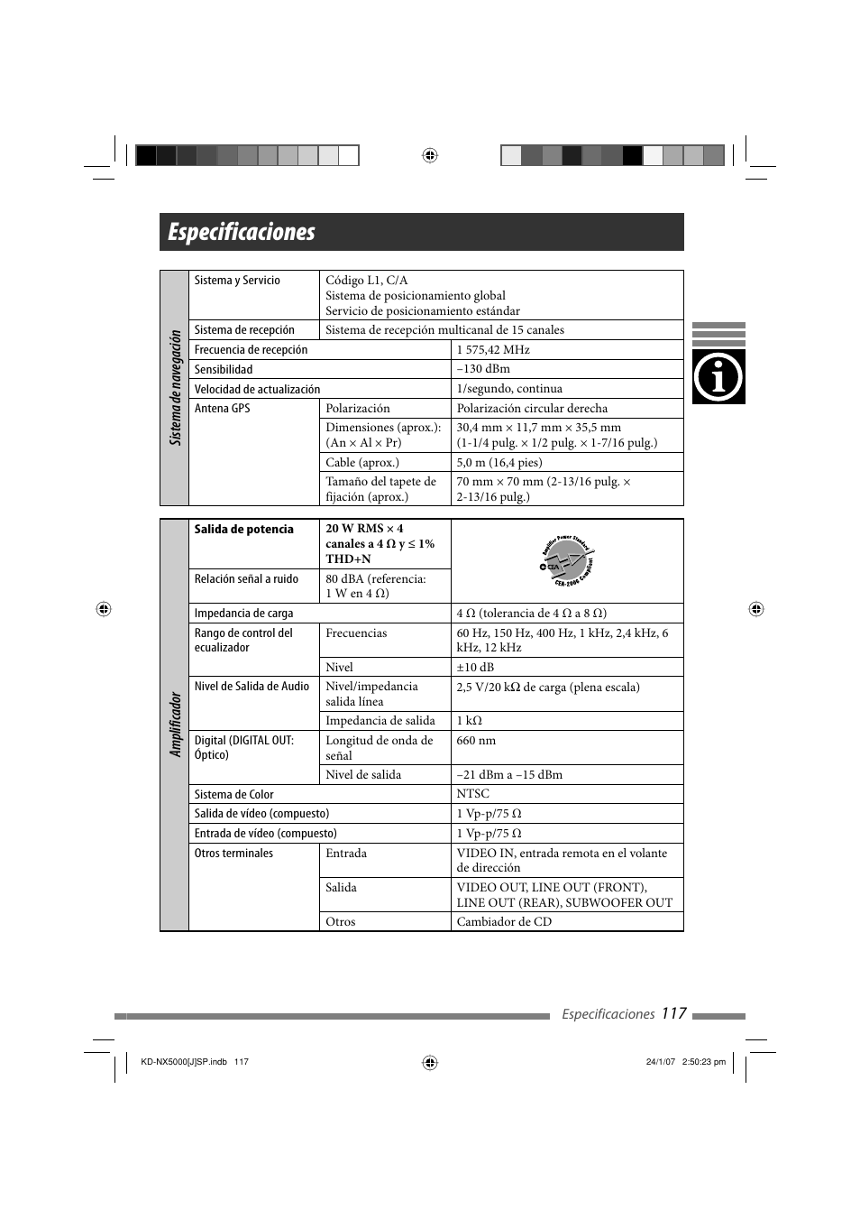 Especificaciones | JVC KD-NX5000- User Manual | Page 235 / 357