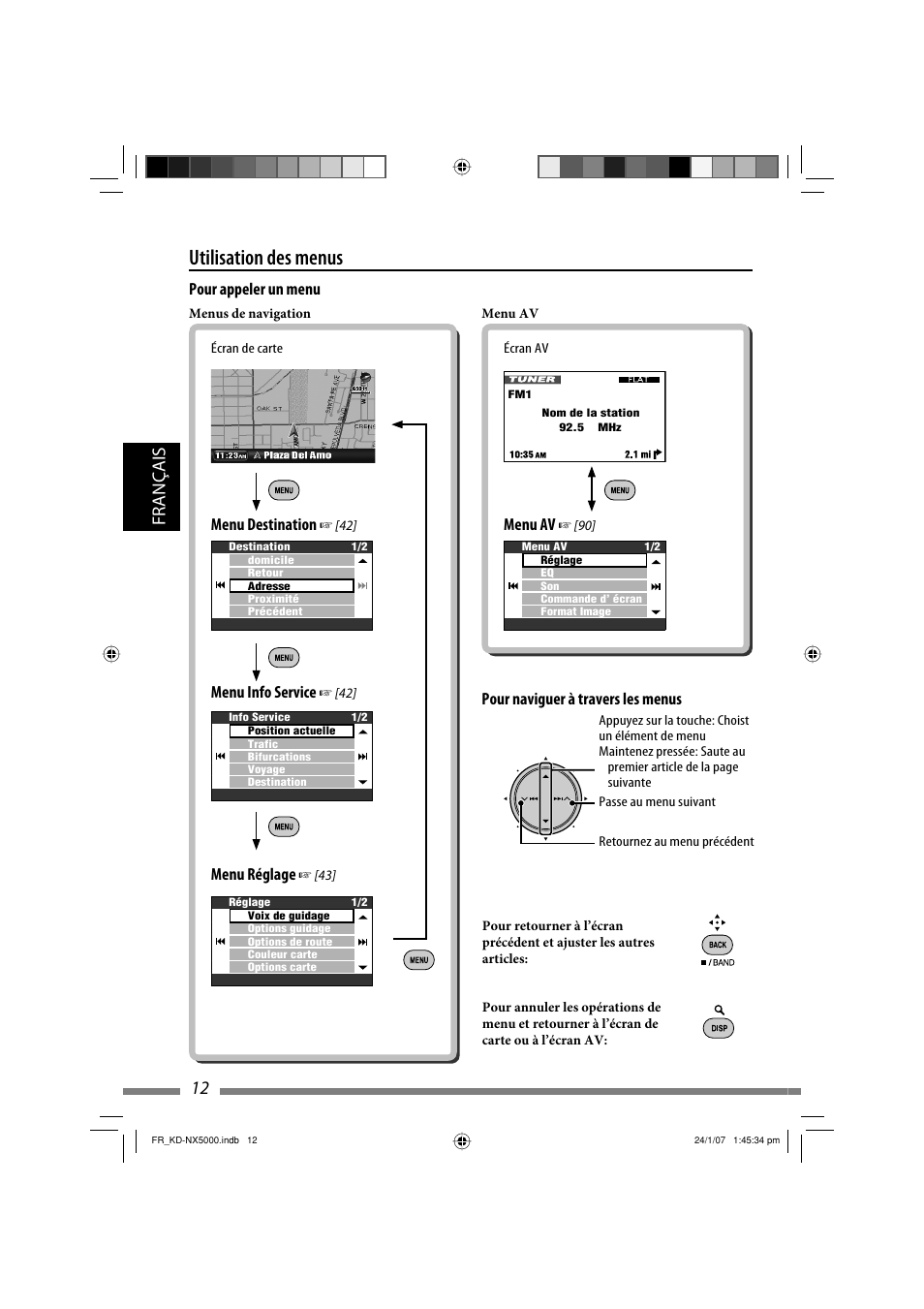 Utilisation des menus, 12 français, Pour appeler un menu menu av | Menu destination, Menu info service, Menu réglage, Pour naviguer à travers les menus | JVC KD-NX5000- User Manual | Page 248 / 357