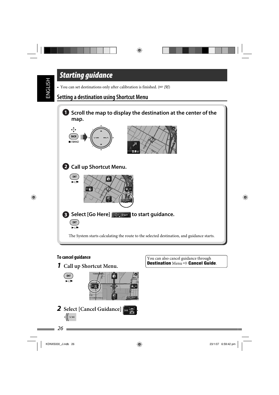 Starting guidance, Setting a destination using shortcut menu | JVC KD-NX5000- User Manual | Page 26 / 357