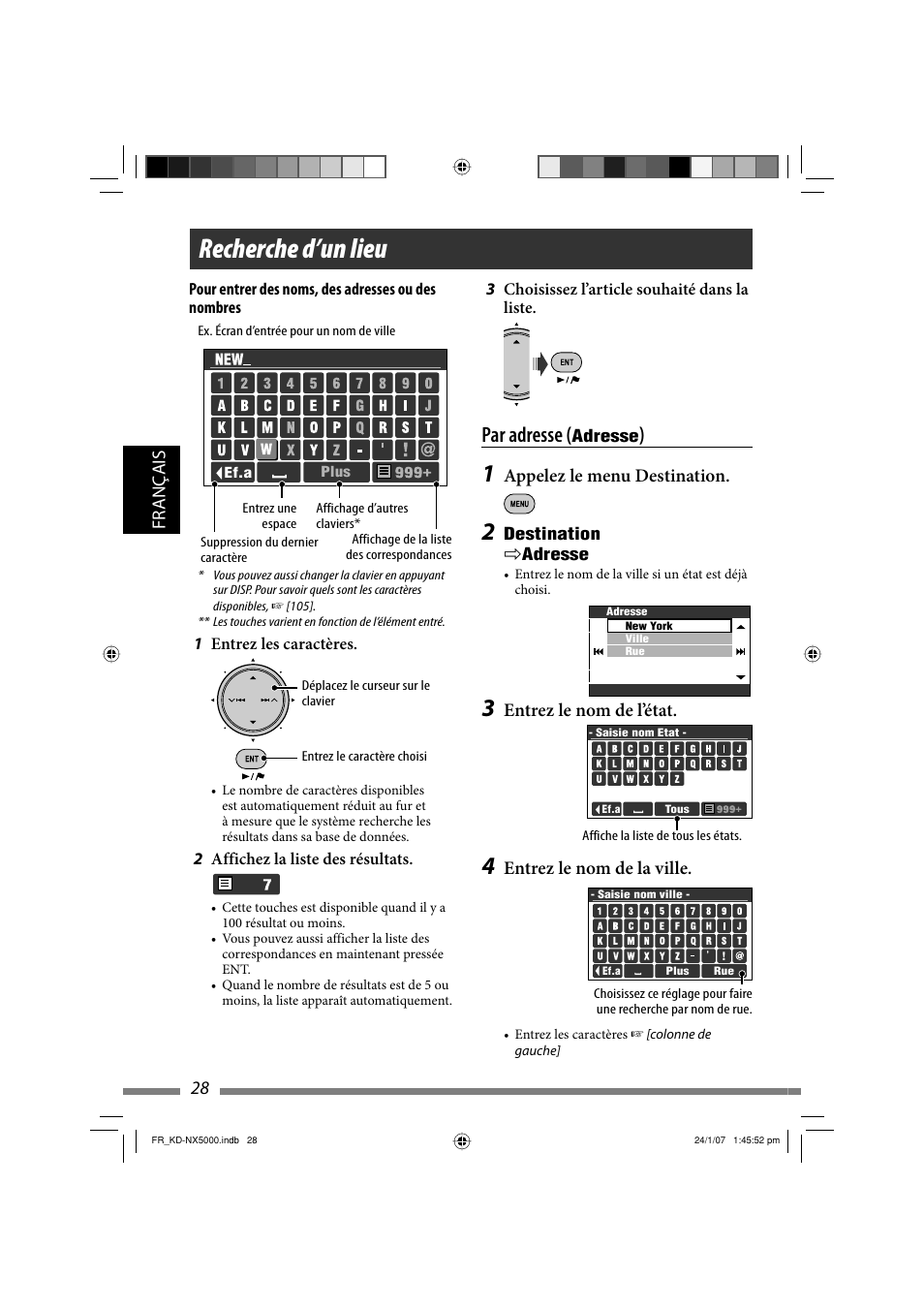 Recherche d’un lieu, Par adresse, 28 français | Appelez le menu destination, Entrez le nom de l’état, Entrez le nom de la ville | JVC KD-NX5000- User Manual | Page 264 / 357