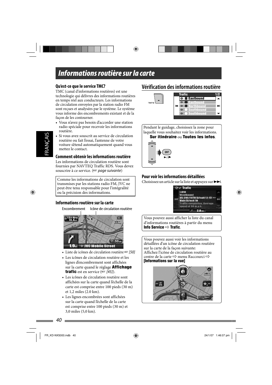 Informations routière sur la carte, Vérification des informations routière, 40 français | JVC KD-NX5000- User Manual | Page 276 / 357