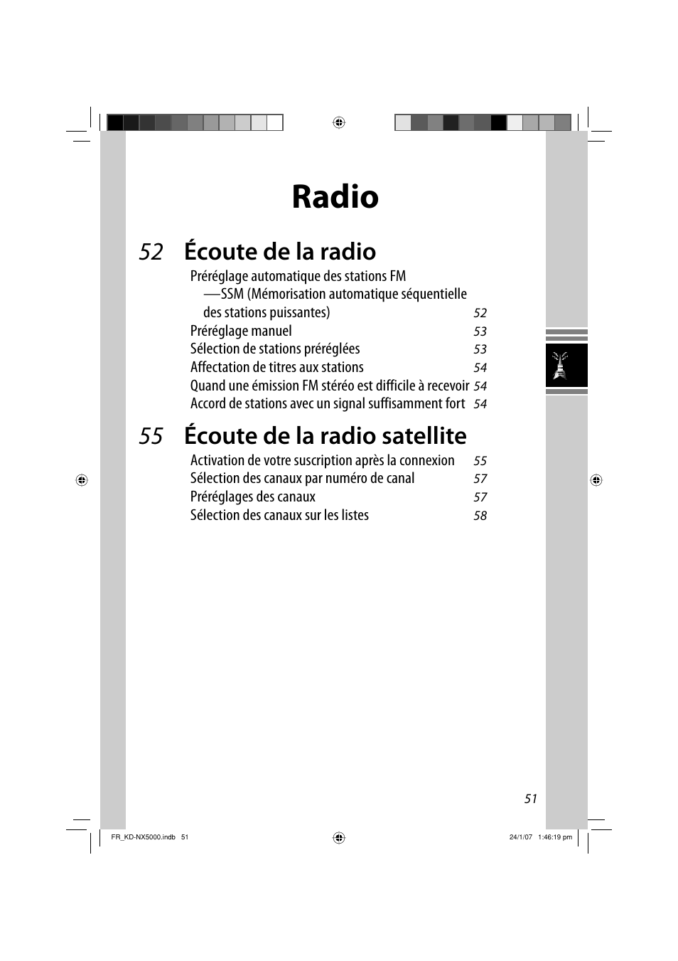 Radio, 52 écoute de la radio, 55 écoute de la radio satellite | JVC KD-NX5000- User Manual | Page 287 / 357