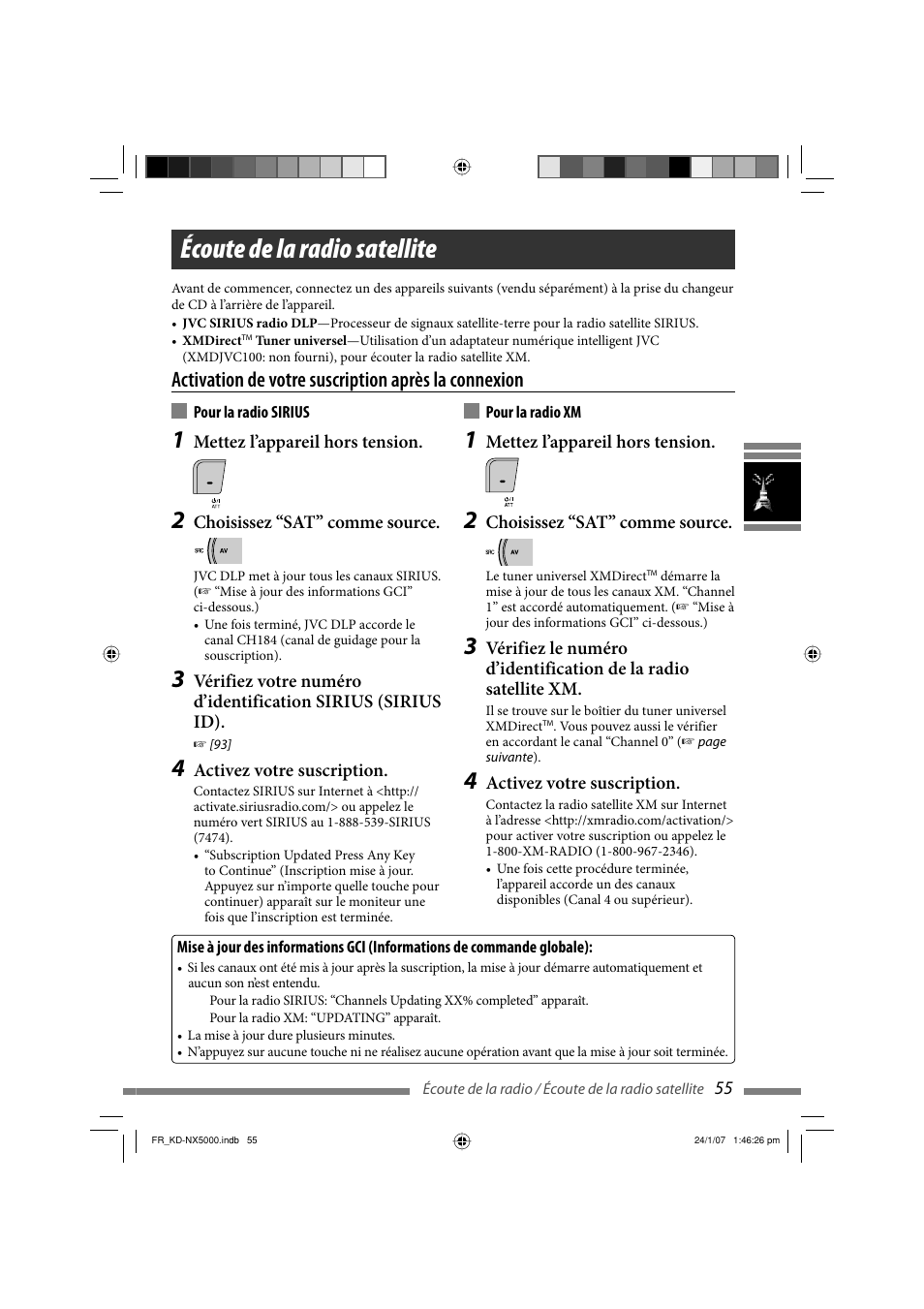 Écoute de la radio satellite, Activation de votre suscription après la connexion | JVC KD-NX5000- User Manual | Page 291 / 357