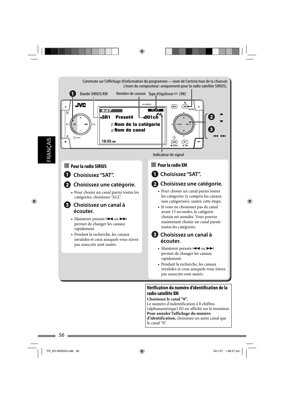 56 français, Choisissez “sat”. choisissez une catégorie, Choisissez un canal à écouter | JVC KD-NX5000- User Manual | Page 292 / 357