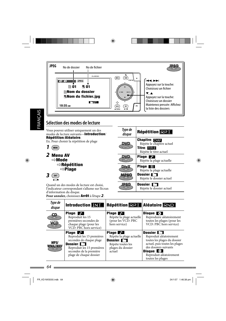 Sélection des modes de lecture, Français 64 | JVC KD-NX5000- User Manual | Page 300 / 357