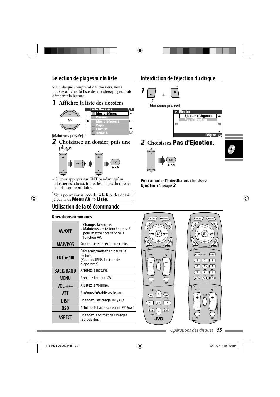 Interdiction de l’éjection du disque, Utilisation de la télécommande, Sélection de plages sur la liste | JVC KD-NX5000- User Manual | Page 301 / 357