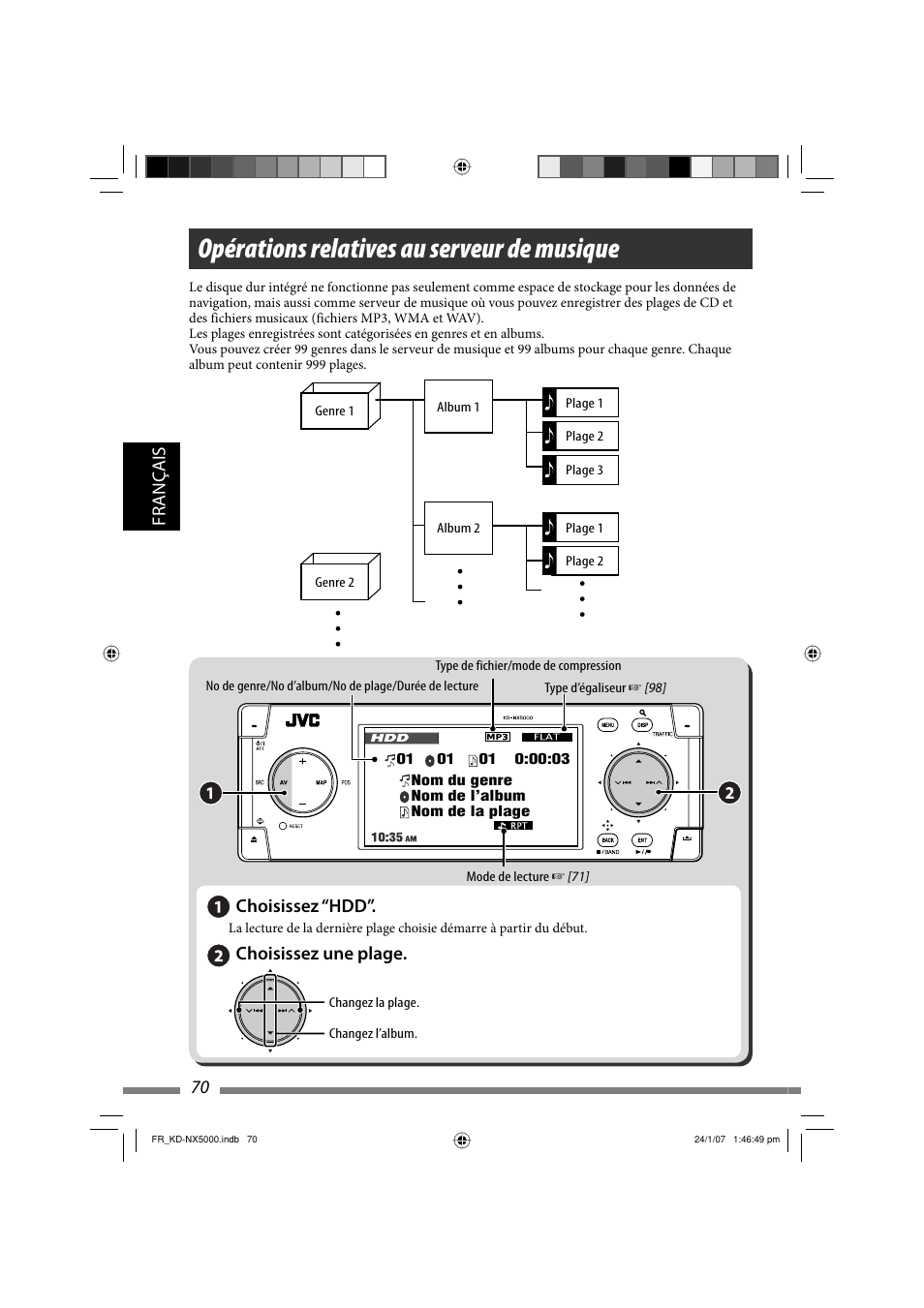Opérations relatives au serveur de musique, Français 70, Choisissez “hdd | Choisissez une plage | JVC KD-NX5000- User Manual | Page 306 / 357