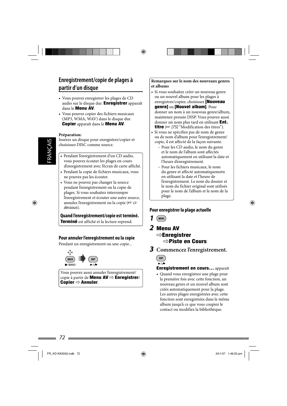 Français 72, Commencez l’enregistrement | JVC KD-NX5000- User Manual | Page 308 / 357