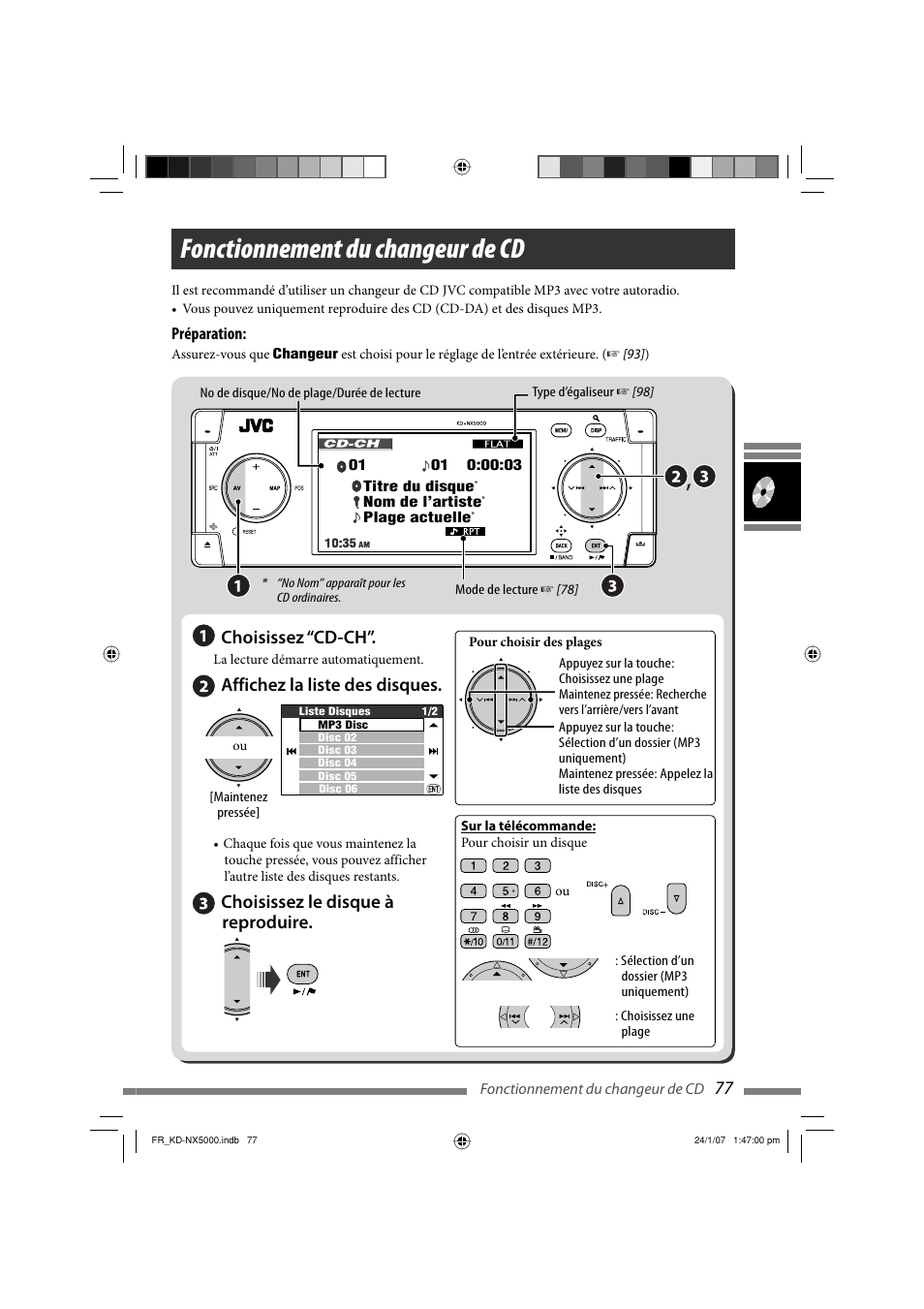 Fonctionnement du changeur de cd, Choisissez “cd-ch, Affichez la liste des disques | Choisissez le disque à reproduire | JVC KD-NX5000- User Manual | Page 313 / 357