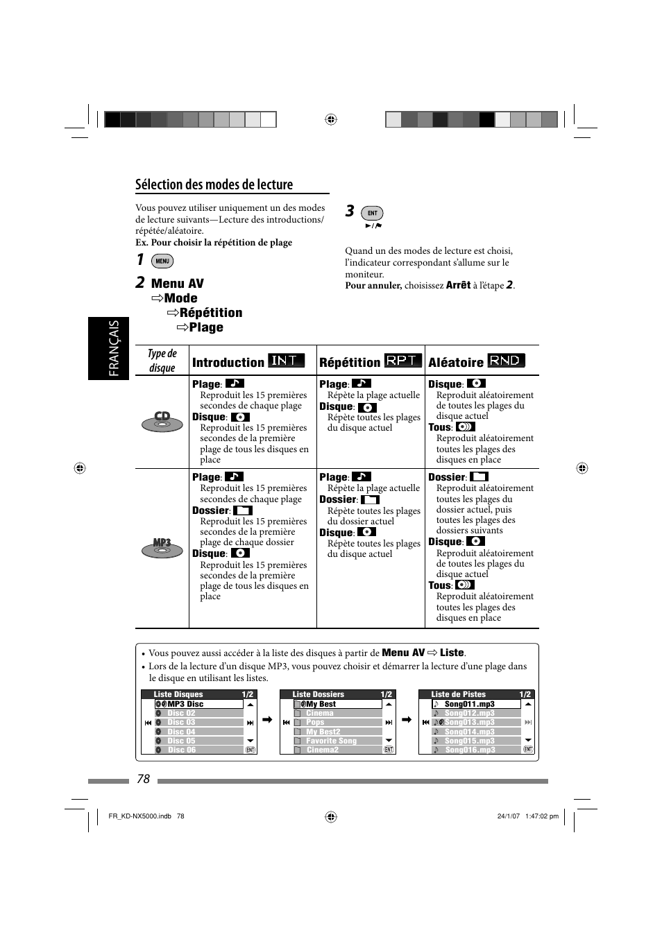 Sélection des modes de lecture, Français 78 | JVC KD-NX5000- User Manual | Page 314 / 357