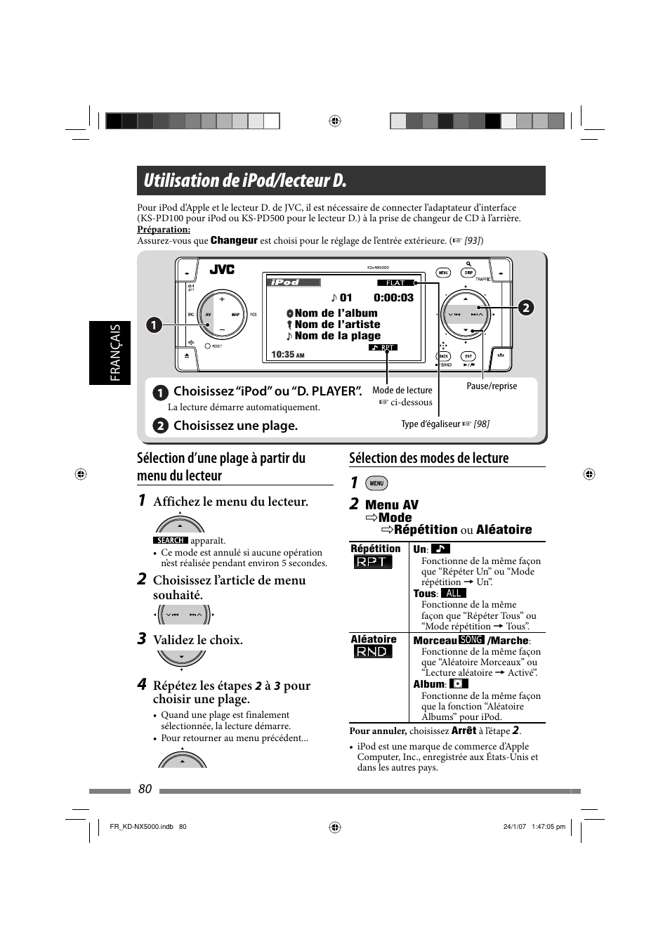 Utilisation de ipod/lecteur d, Sélection des modes de lecture, Sélection d’une plage à partir du menu du lecteur | JVC KD-NX5000- User Manual | Page 316 / 357
