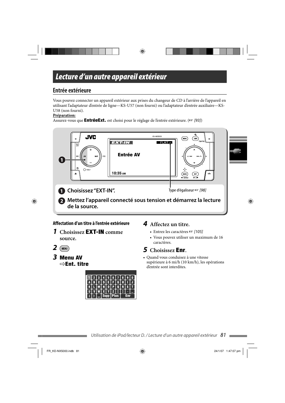 Lecture d’un autre appareil extérieur, Entrée extérieure | JVC KD-NX5000- User Manual | Page 317 / 357