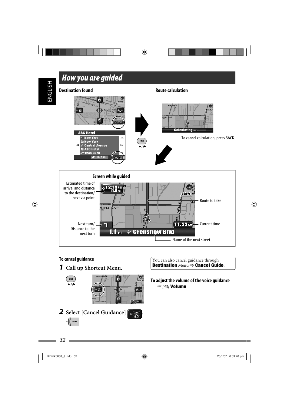 How you are guided, 32 english, Call up shortcut menu | Select [cancel guidance | JVC KD-NX5000- User Manual | Page 32 / 357