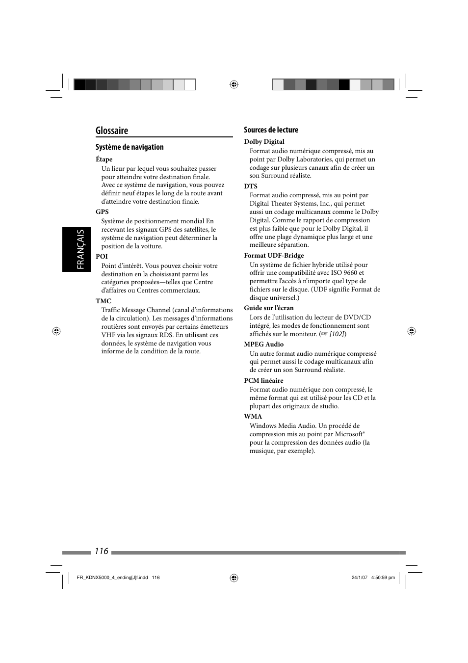 Glossaire, Français 116 | JVC KD-NX5000- User Manual | Page 352 / 357