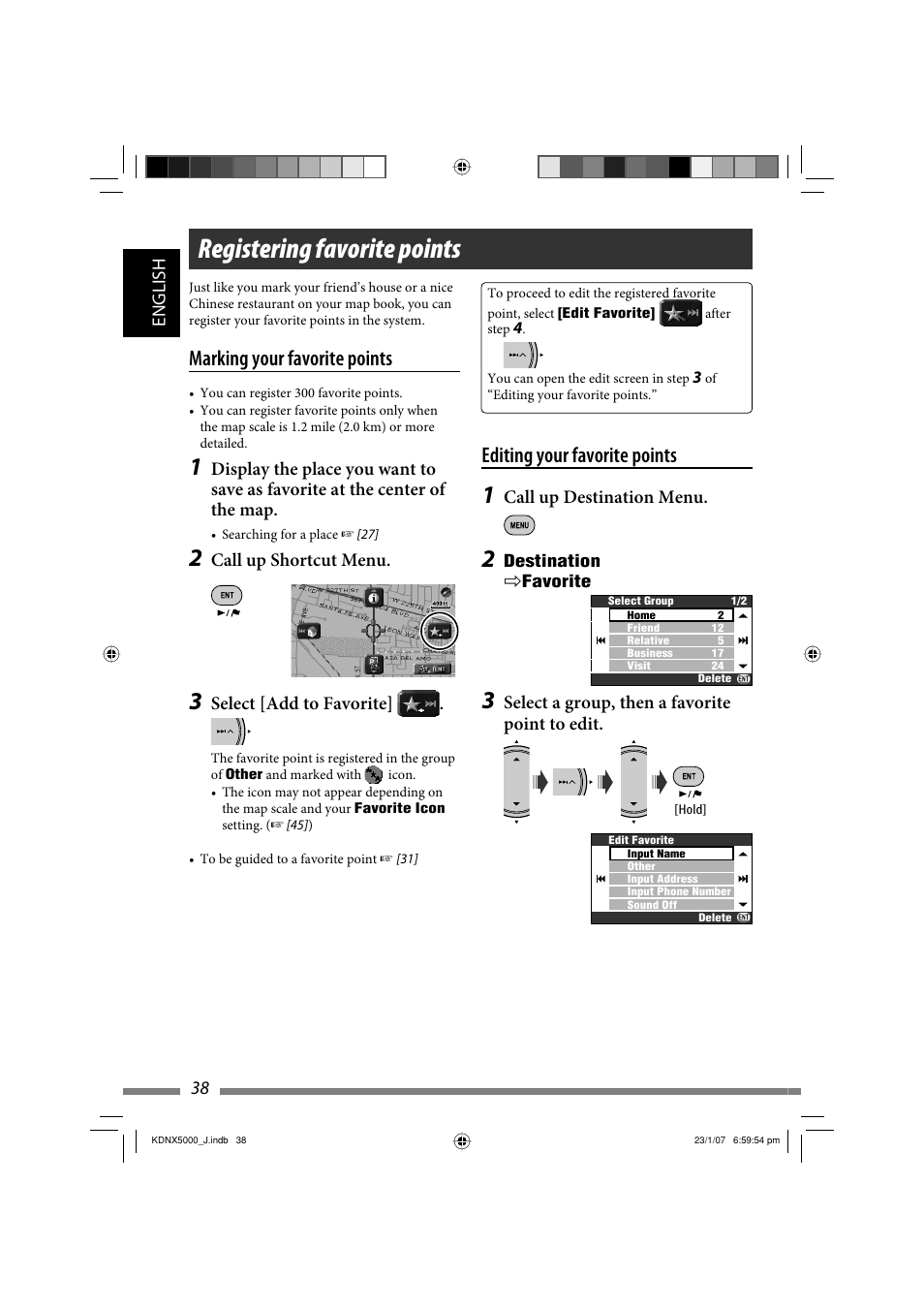 Registering favorite points, Marking your favorite points, Editing your favorite points | JVC KD-NX5000- User Manual | Page 38 / 357