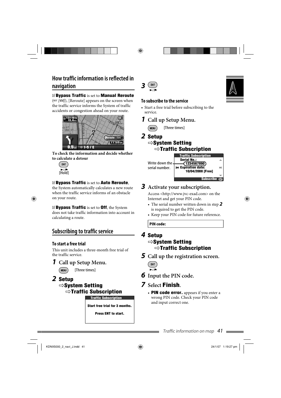 How traffic information is reflected in navigation, Subscribing to traffic service | JVC KD-NX5000- User Manual | Page 41 / 357