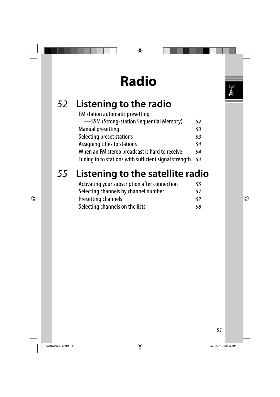 Radio, 52 listening to the radio, 55 listening to the satellite radio | JVC KD-NX5000- User Manual | Page 51 / 357