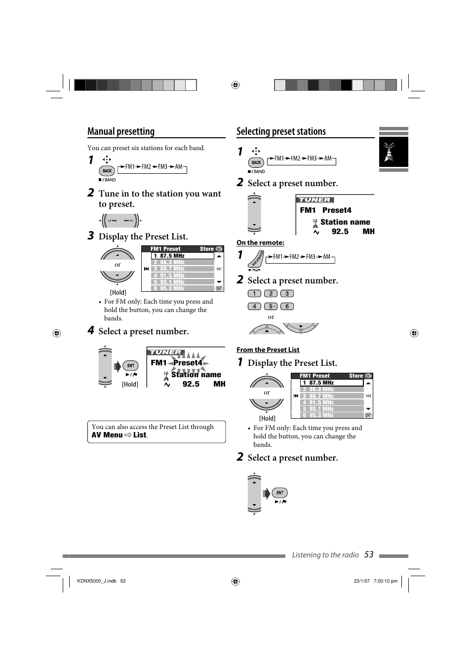 Selecting preset stations, Manual presetting | JVC KD-NX5000- User Manual | Page 53 / 357