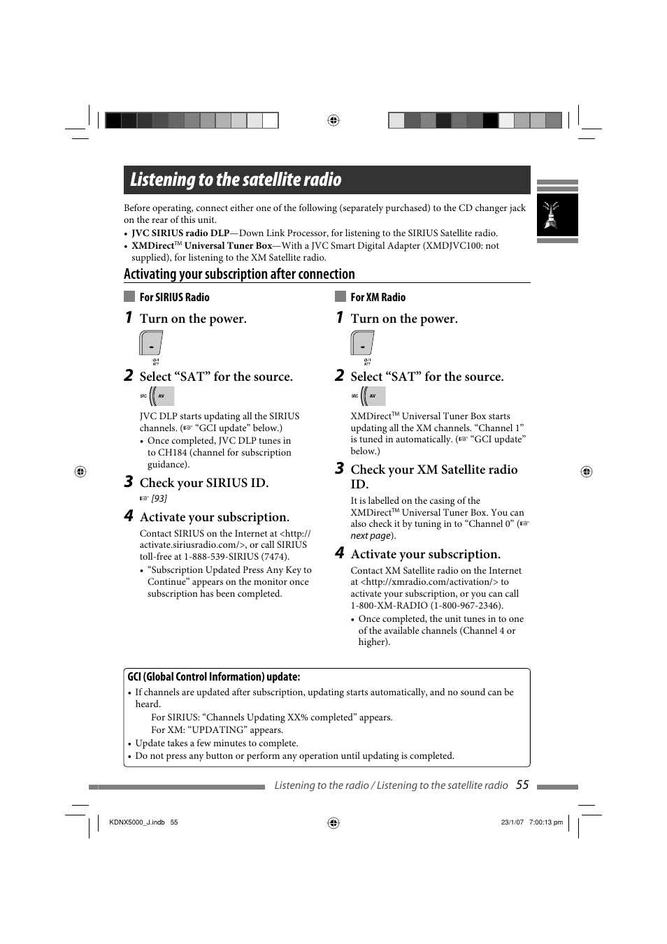 Listening to the satellite radio, Activating your subscription after connection | JVC KD-NX5000- User Manual | Page 55 / 357