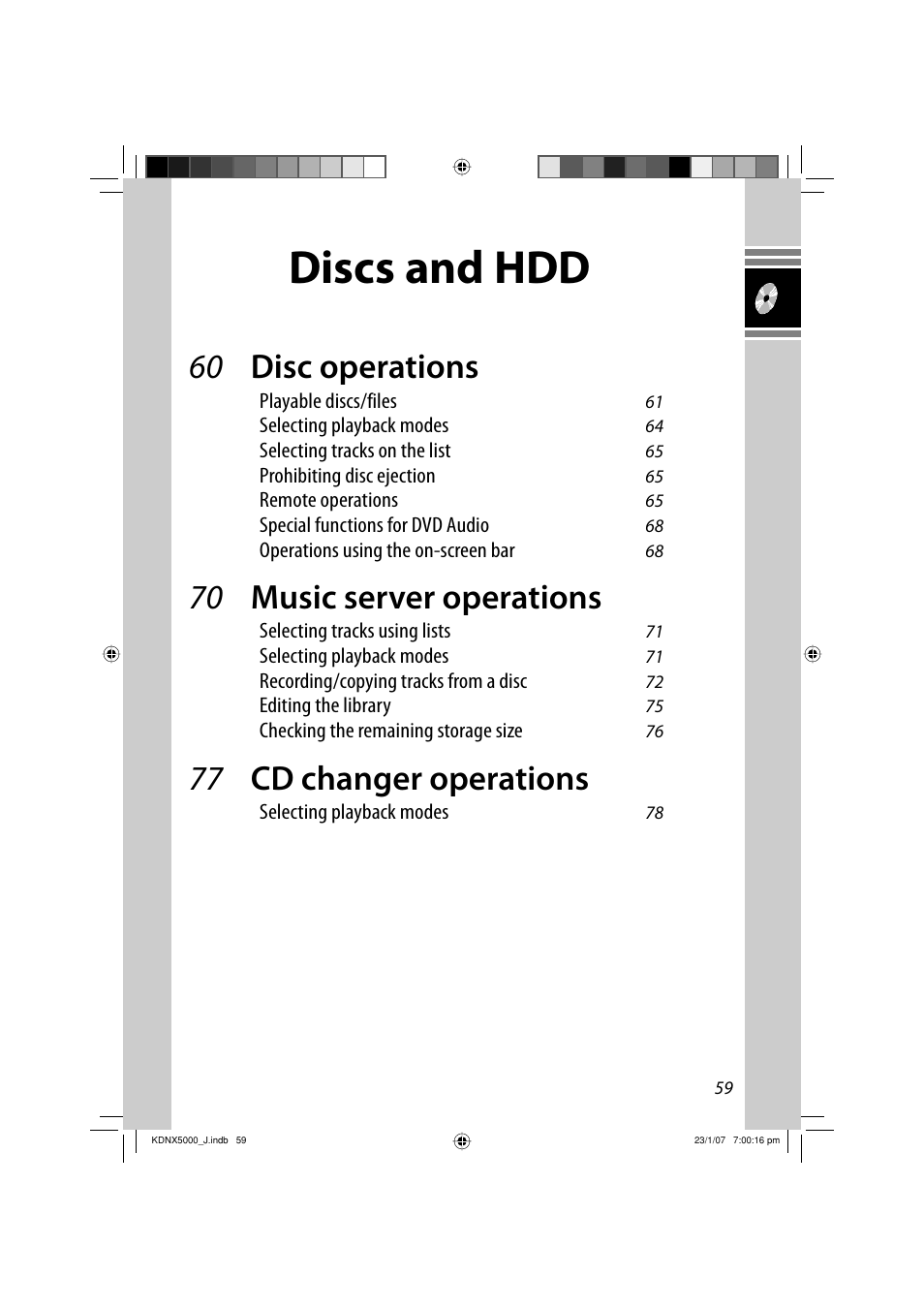 Discs and hdd, 60 disc operations, 70 music server operations | 77 cd changer operations | JVC KD-NX5000- User Manual | Page 59 / 357