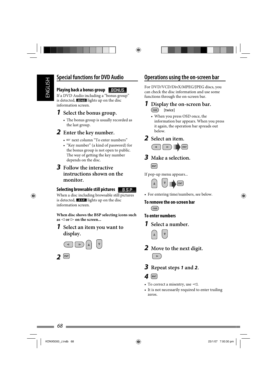 Operations using the on-screen bar, Special functions for dvd audio | JVC KD-NX5000- User Manual | Page 68 / 357