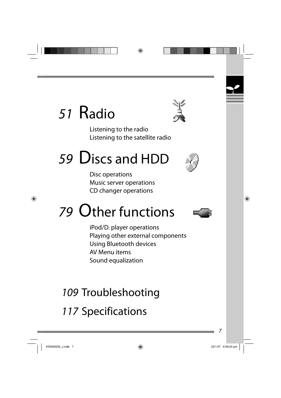 Adio, Iscs and hdd, Ther functions | JVC KD-NX5000- User Manual | Page 7 / 357