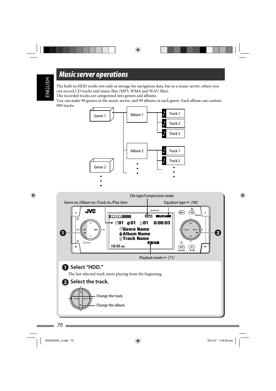 Music server operations, English 70, Select “hdd | Select the track | JVC KD-NX5000- User Manual | Page 70 / 357