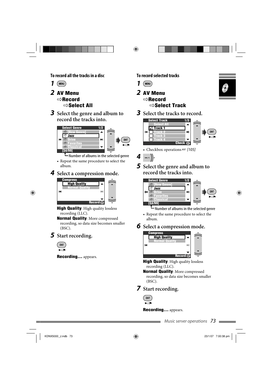 Select the tracks to record, Select a compression mode, Start recording | JVC KD-NX5000- User Manual | Page 73 / 357