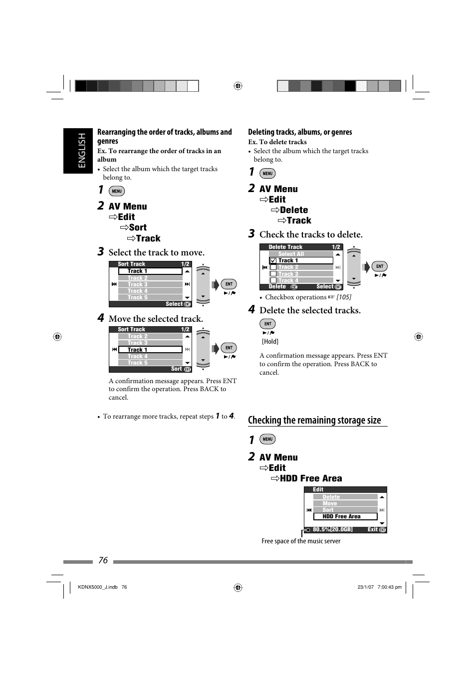 Checking the remaining storage size, English 76, Check the tracks to delete | Delete the selected tracks, Select the track to move, Move the selected track | JVC KD-NX5000- User Manual | Page 76 / 357