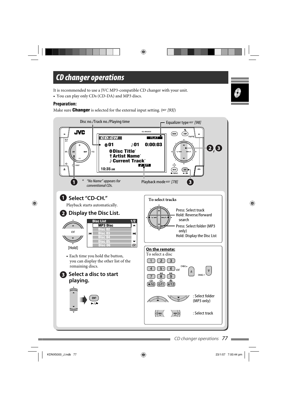 Cd changer operations, Select “cd-ch, Display the disc list | Select a disc to start playing | JVC KD-NX5000- User Manual | Page 77 / 357