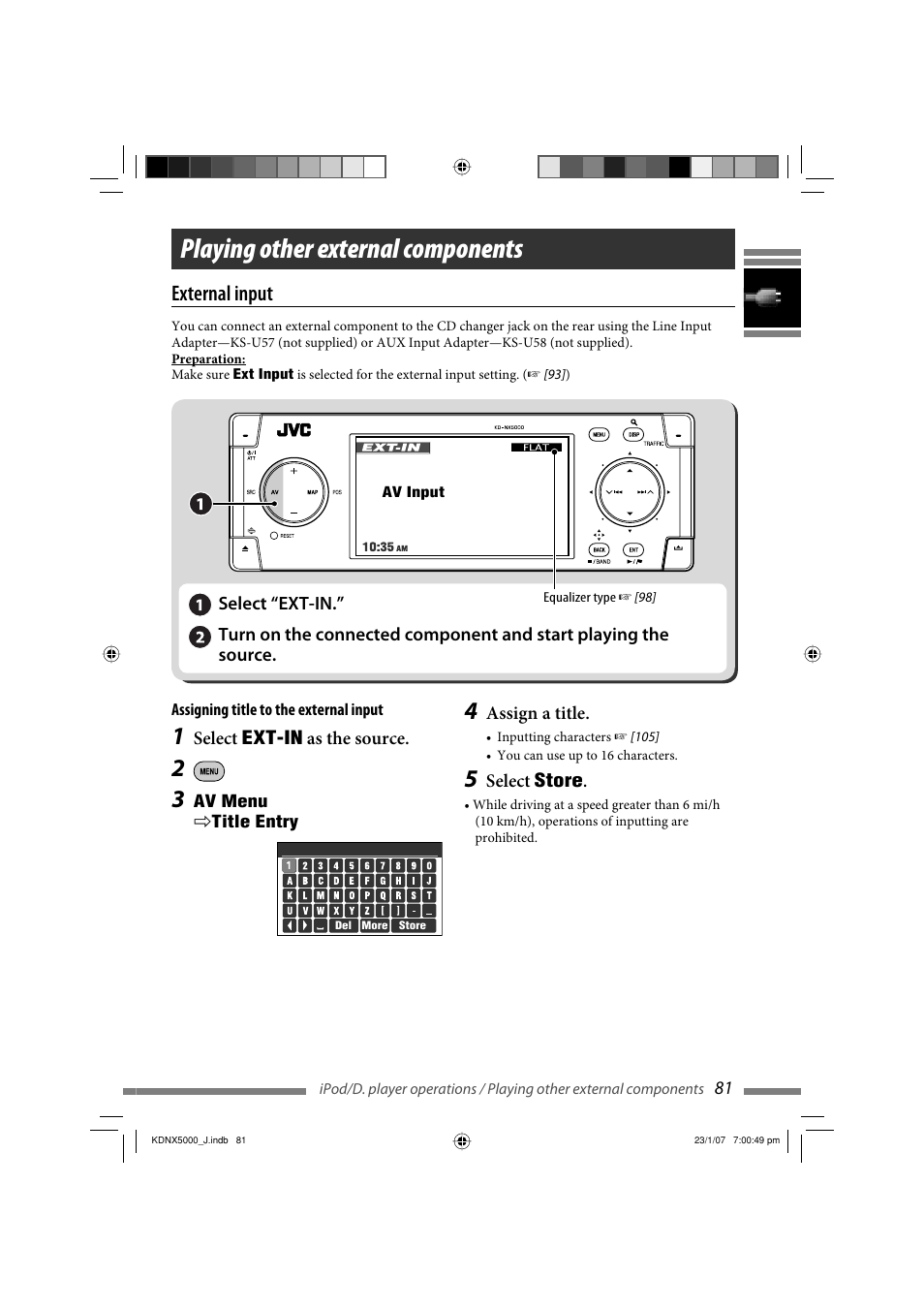 Playing other external components, External input | JVC KD-NX5000- User Manual | Page 81 / 357