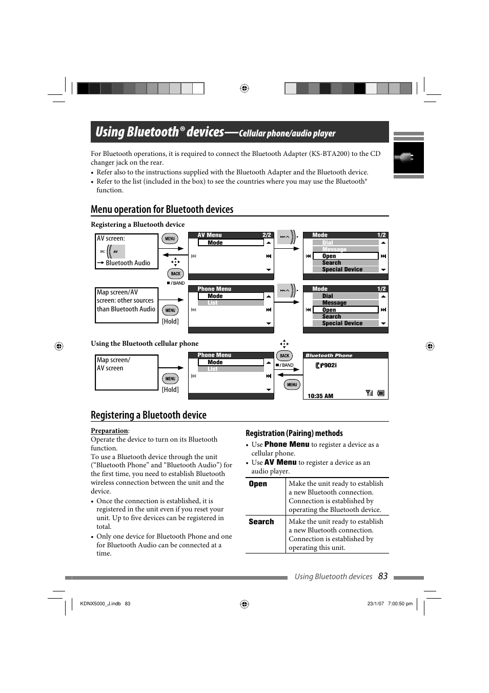 Using bluetooth devices, Using bluetooth® devices, Cellular phone/audio player | Registration (pairing) methods | JVC KD-NX5000- User Manual | Page 83 / 357