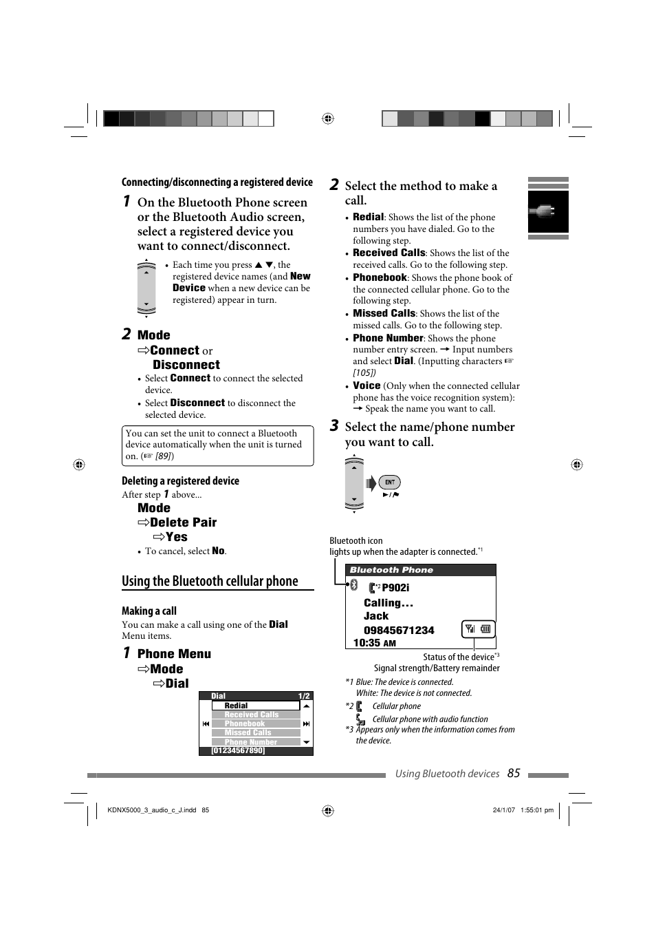 Using the bluetooth cellular phone, Select the method to make a call, Select the name/phone number you want to call | JVC KD-NX5000- User Manual | Page 85 / 357